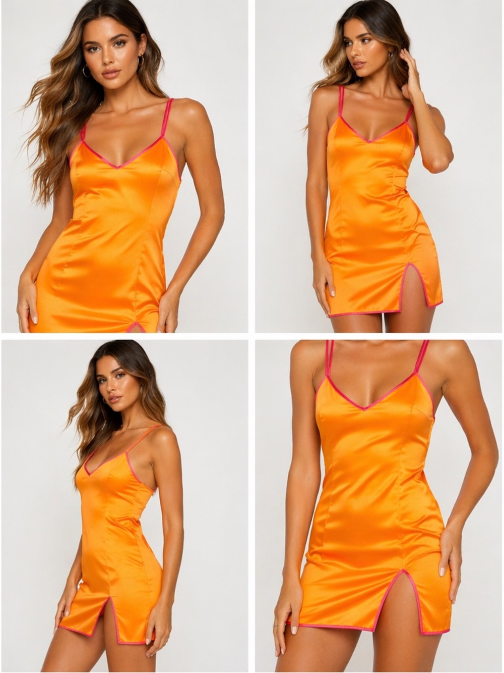 superdown Orange Satin Slip Dress with Pink Trim